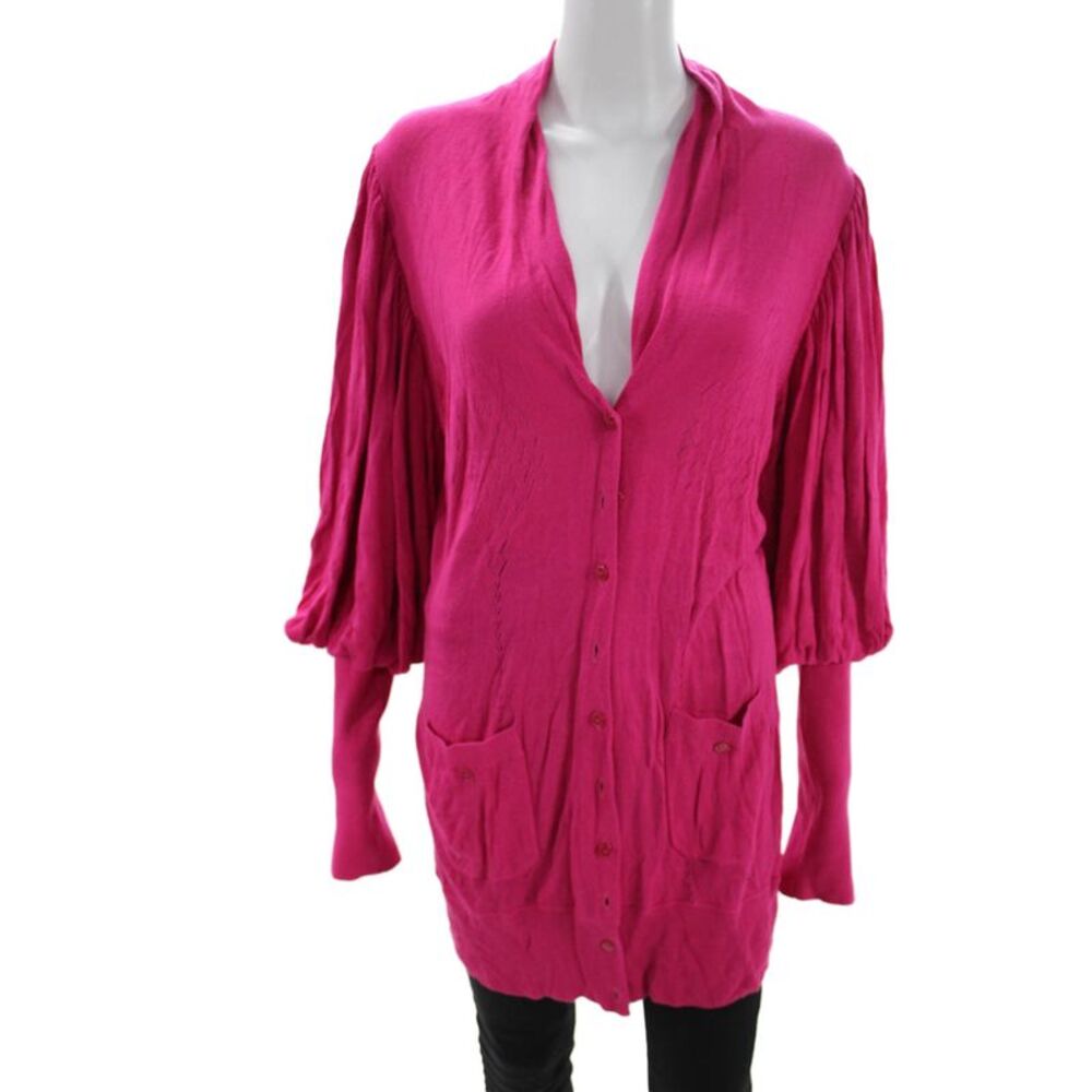 Byron Lars Women Cardigan Pink Viscose V-Neck Long Sleeve Size L
